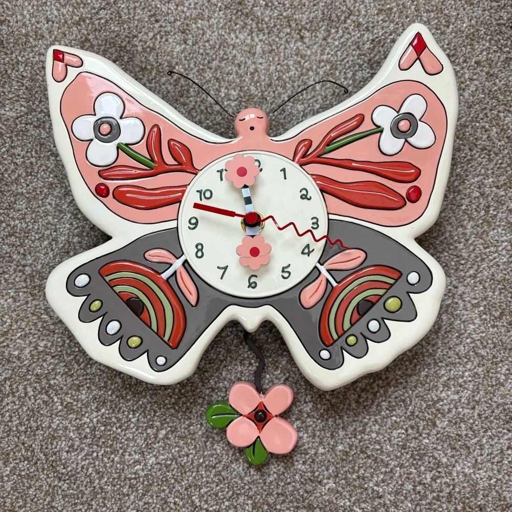 NEW Allen Design Studios Butterfly Pink and Purple Wall Clock